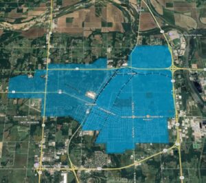 A map depicting the service area for fiber internet connection in Muskogee