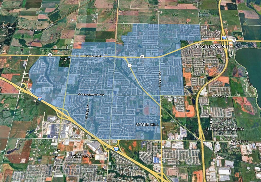 A satellite map of Yukon showing Bluepeak's fiber internet service area.